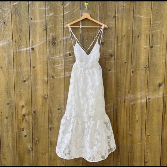 White Jacquard Organza Backless Lace-Up Midi Dress 🌿 - Picture 7 of 12